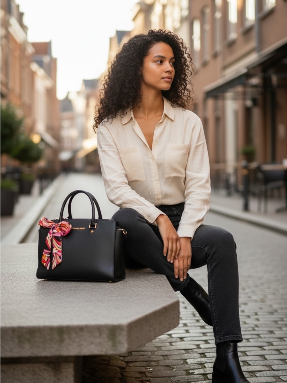 Michael Kors Black Satchel with Pink/Orange Scarf Accent